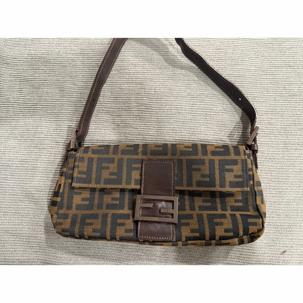 Vintage Fendi Baguette Shoulder  Monogram Canvas with Brown silver buckle